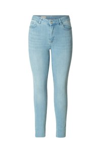 Lichtblauwe skinny jeans van denim, met een middelhoge taille, vijf zakken en een gladde textuur met minimale vervaging.