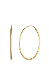 Orecchini a cerchio in tonalità oro, forma circolare, superficie liscia, design sottile, dotati di una chiusura semplice per un indossamento sicuro.