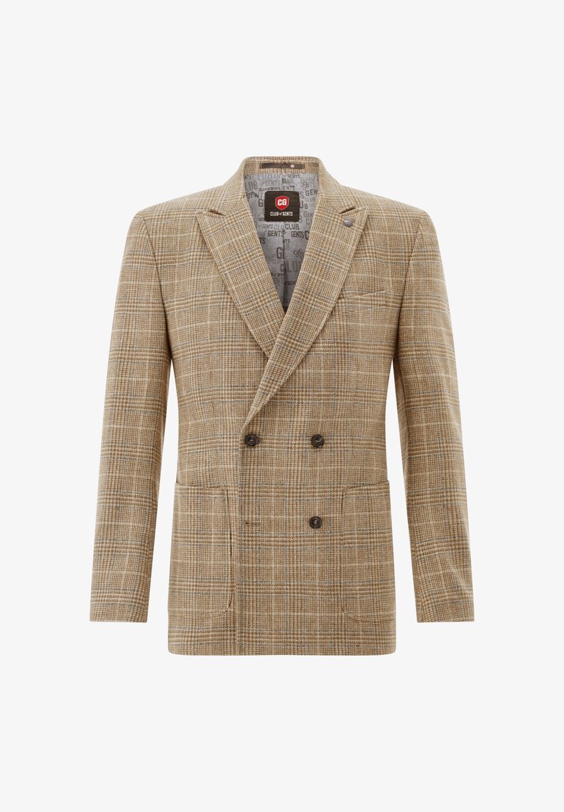 Double-breasted blazer made of light brown fabric with a plaid pattern, featuring two front pockets and a notched lapel.