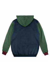Hoodie met een marineblauwe body, groene mouwen en kastanjebruine boorden. Gladde textuur met ribbelboord aan de onderkant en boorden. Achteraanzicht weergegeven.