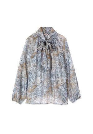 Langærmet, let gennemsigtig bluse med gråt og beige blomsterprint, med en sløjfe ved halsen og elastiske manchetter.