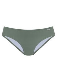 Zelené bikiny so spodnými časťami vyrobené z hladkého materiálu s nízkym strihom. Obsahujú bočn�é panely svetlosivej farby a malý logo akcent na pásiku.