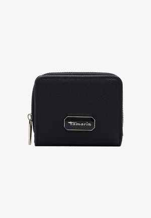 Černá kožená peněženka s texturovaným povrchem, zipovým uzávěrem a zlatou značkovou destičkou na přední straně. Kompaktní obdélníkový tvar.