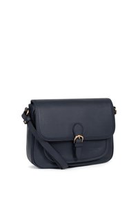 Navy leather shoulder bag with a flap closure, featuring a gold metal accent and an adjustable strap. Textured surface and compact design.