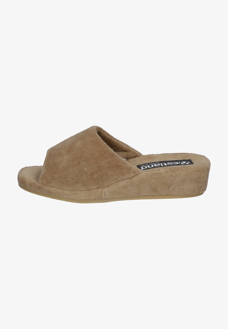 Tan slip-on sandals with a textured fabric upper, open toe design, and a low wedge sole. Minimalist style with no visible hardware.