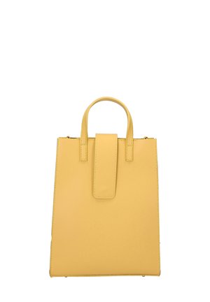Borsa a tracolla gialla in pelle, di forma rettangolare, con manici corti, una chiusura piatta e dettagli di cucitura visibili. Texture liscia.