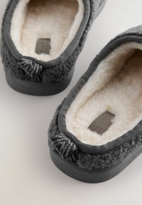 Pantofole grigie scure e pelose con un spesso rivestimento in peluche color crema appoggiate su una superficie chiara, che mostrano le texture interne ed esterne superiori.