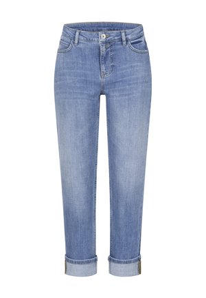 Light blue denim jeans with rolled cuffs, front button, zipper closure, and five-pocket design.