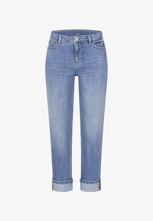 Light blue denim jeans with rolled cuffs, front button, zipper closure, and five-pocket design.