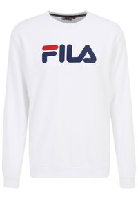 Felpa bianca a maniche lunghe con colletto rotondo, caratterizzata da un grande logo "FILA" in blu e rosso. Realizzata in tessuto morbido con polsini e orlo a costine.