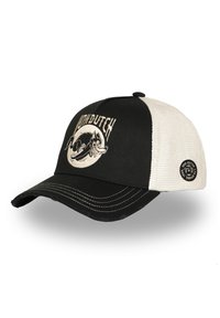 Casquette trucker Von Dutch noire et beige avec un dos en maille, une visière usée et un logo brodé représentant un chien courant avec du texte sur le panneau avant.