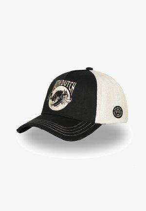 Casquette trucker Von Dutch noire et beige avec un dos en maille, une visière usée et un logo brodé représentant un chien courant avec du texte sur le panneau avant.