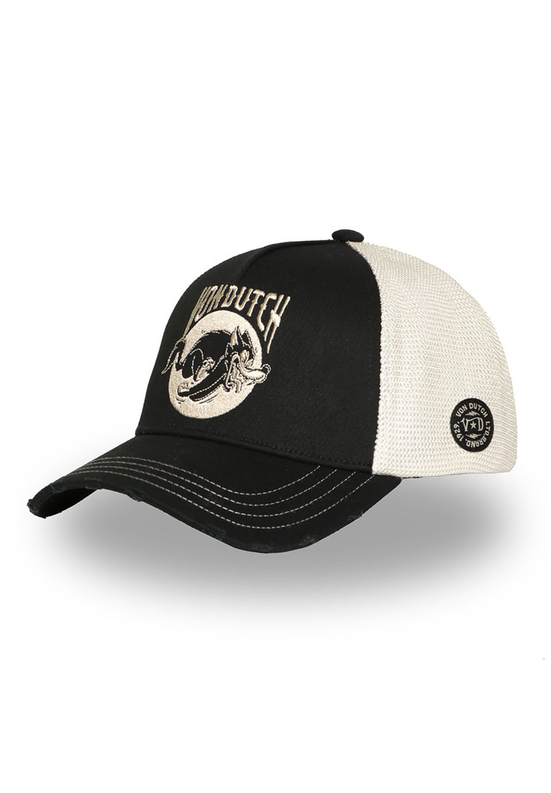 Casquette trucker Von Dutch noire et beige avec un dos en maille, une visière usée et un logo brodé représentant un chien courant avec du texte sur le panneau avant.