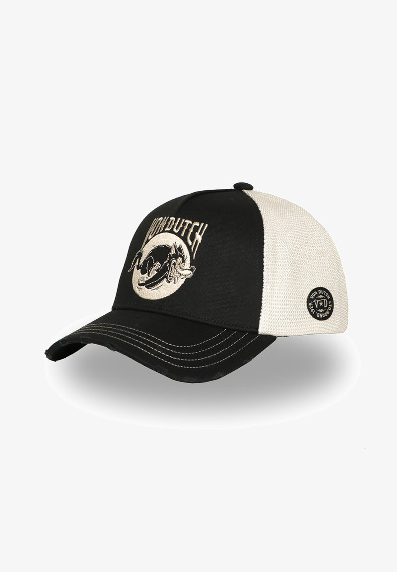 Casquette trucker Von Dutch noire et beige avec un dos en maille, une visière usée et un logo brodé représentant un chien courant avec du texte sur le panneau avant.