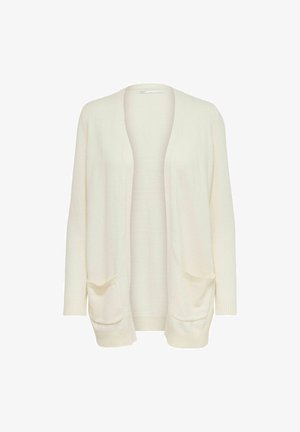 Cardigan crème à ouverture sur le devant, manches longues et deux poches frontales, en tissu maille doux.