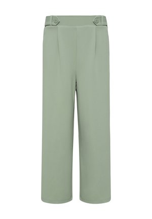 Groene, wijde broek met een gladde textuur, voorzien van twee knopen in de taille en voorpleats voor een zakelijke uitstraling.