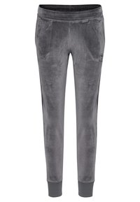 Graue Samt-Sweatpants mit einem elastischen Bund und eng anliegenden Knöcheln. Besteht aus einem Logodetail an der Seite. Weicher Stoff überall.
