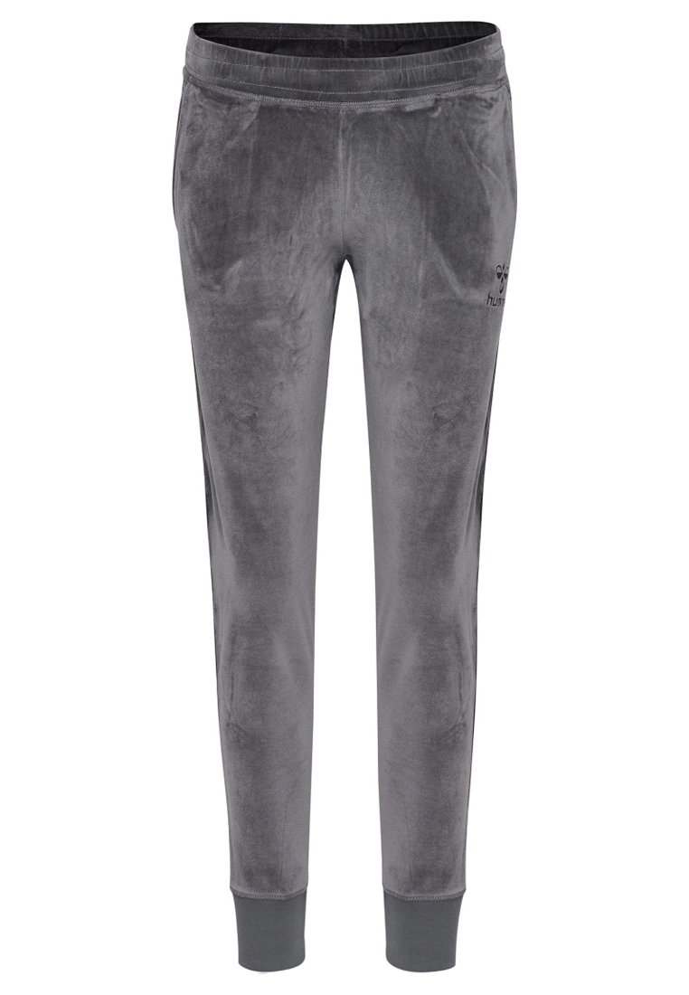 Graue Samt-Sweatpants mit einem elastischen Bund und eng anliegenden Knöcheln. Besteht aus einem Logodetail an der Seite. Weicher Stoff überall.