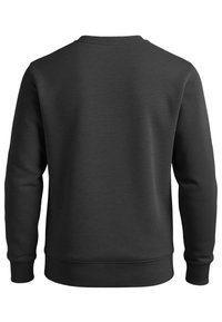 Black sweatshirt with a crew neckline, ribbed cuffs and hem, smooth texture, and a simple, solid design. Back view only.