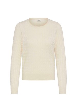 Gai bēšas adītas džemperis ar apaļu apkakli, garām piedurknēm, teksturētu kabeli rakstu un ribotām malām un piedurknēm.