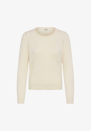 Lys beige strikkegenser med rund hals, lange ermer, teksturert kabelmønster og ribbestrikket kant og ermer.