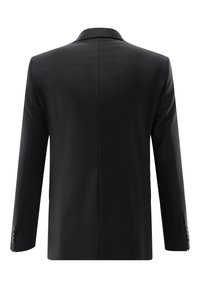 Black formal blazer with long sleeves, button details on cuffs, shown from the back against a white background.