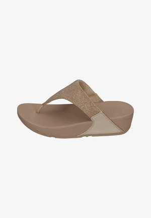 Beige flip-flop sandaal met een textuur metalen band, gevoerde zool en een lichte hak. Gladde rubberen materiaal met minimale accenten.