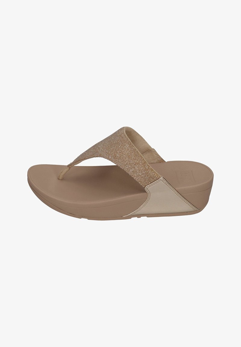 Beige flip-flop sandaal met een textuur metalen band, gevoerde zool en een lichte hak. Gladde rubberen materiaal met minimale accenten.