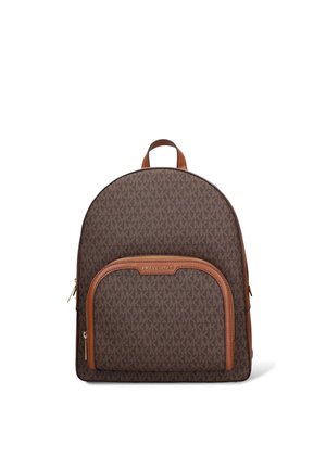 Zaino marrone con motivo logo Michael Kors, tasca frontale con zip e rifiniture in pelle, e manico superiore singolo.