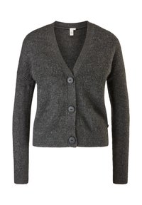 Grijze cardigan gemaakt van textuurmateriaal, met een V-hals, lange mouwen en drie grote knopen aan de voorkant.