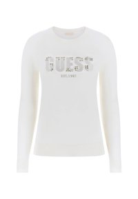 Maglione bianco a maniche lunghe con polsini e orlo a costine, decorato con "GUESS" in strass e "EST. 1981" stampato sotto.