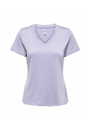 Lichtpaarse T-shirt met korte mouwen en V-hals, getoond tegen een effen witte achtergrond.