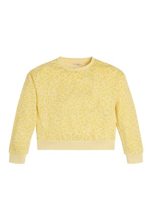 Gul cropped sweatshirt med et diskret leopardmønster, ribbet halsudskæring og ærmegab, med "Guess"-logo broderet i matchende farve.