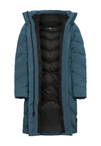 Cappotto lungo e voluminoso di un blu profondo con interno nero. Presenta un cappuccio, chiusura con zip e motivo trapuntato su tutta la superficie.