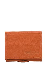 Orange læderpung med tekstureret overflade, fold-over design, præget logo og sølvfarvet tryklås. Kompakt og rektangulær form.
