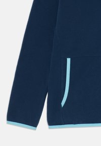Marineblauw fleecejack met mouwen en zakrand in lichtblauw, zachte textuur, close-up op een plain witte achtergrond.