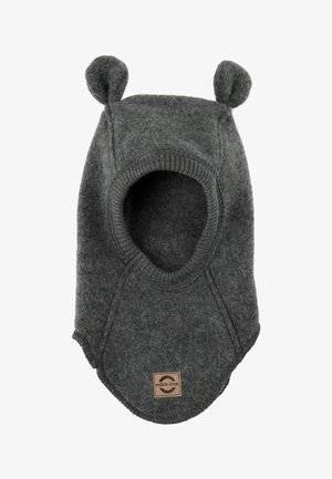 Szary, miękki wełniany kapelusz z zaokrąglonymi akcentami na uszach, otwartym fasonem, prążkowanym otwarciem na szyję oraz markową skórzaną metką na dole.