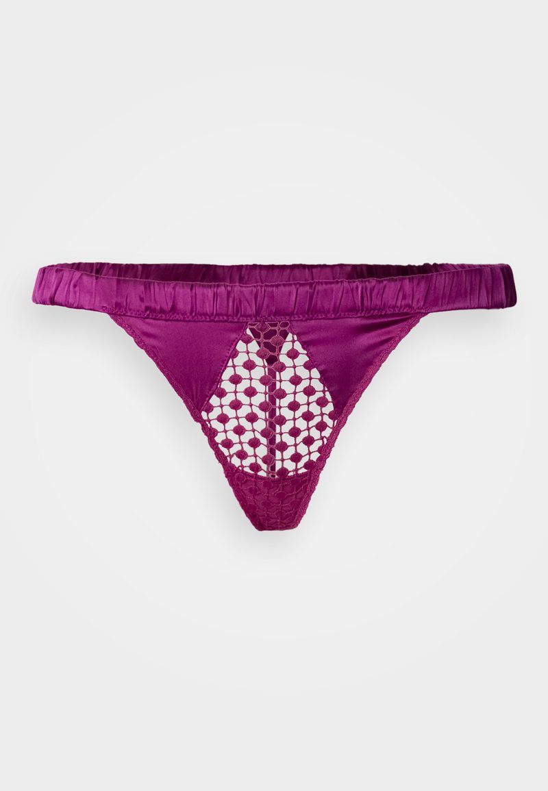 Lilla satiinist tangapüksid, millel on teemantkujuline lõikeava mesilase õitega võrkmustriga. Sile tekstuur ja volditud vöökoht.