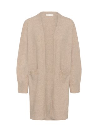 Beige lång öppen cardigan med två framfickor och ribbade mudd och fåll, tillverkad av mjuk stickad tyg.