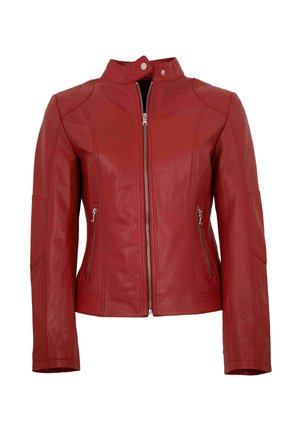 Rote Lederjacke mit Reißverschluss vorne, Stehkragen, zwei Seitentaschen und genähten Details an Schultern und Ärmeln.