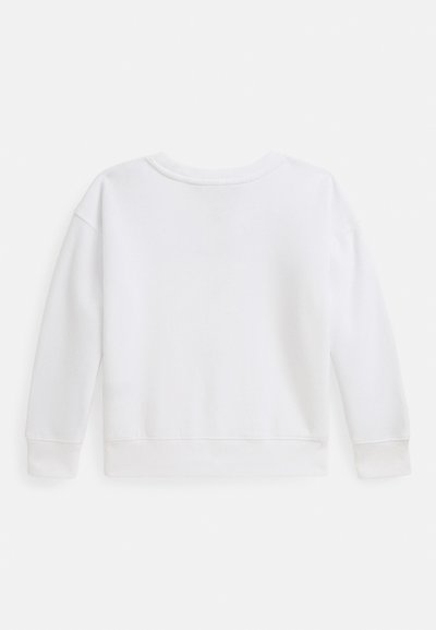 Απλό λευκό μακρυμάνικο φούτερ με ριμπ μανσέτες, τελείωμα και στρογγυλή λαιμόκοψη, απεικονίζεται από πίσω σε λευκό φόντο.