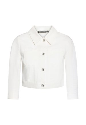 White cropped denim jacket with long sleeves, collar, front pockets, and silver buttons down the center.