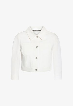 White cropped denim jacket with long sleeves, collar, front pockets, and silver buttons down the center.