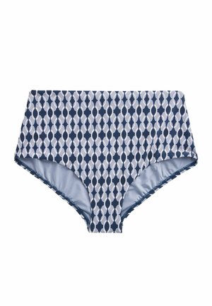 Dół od bikini z wysokim stanem, z wzorem złożonym ze splatających się owalnych kształtów w odcieniach niebieskiego i białego.