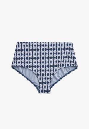 Bas de bikini taille haute avec un motif ovale entrelacé dans des tons de bleu et blanc.