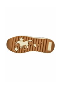 Suola di scarpa in gomma di colore beige con scanalature. Caratteristiche notevoli includono motivi di cavalli e stelle in rilievo di un beige più chiaro. Design resistente per una migliore trazione.