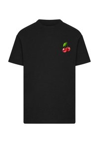 Sort T-shirt med korte ærmer lavet af bomuld, med et lille kirsebærdesign i rød og grøn på venstre brystområde.