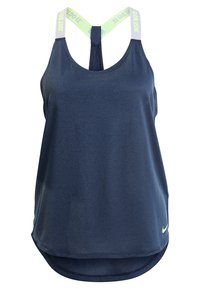 Mörkblå atletisk tanktop med en rundad fåll och en ljusgrön "JUST DO IT"-logotyp på axelremmarna. Tillverkad av ett mjukt och andningsbart material.