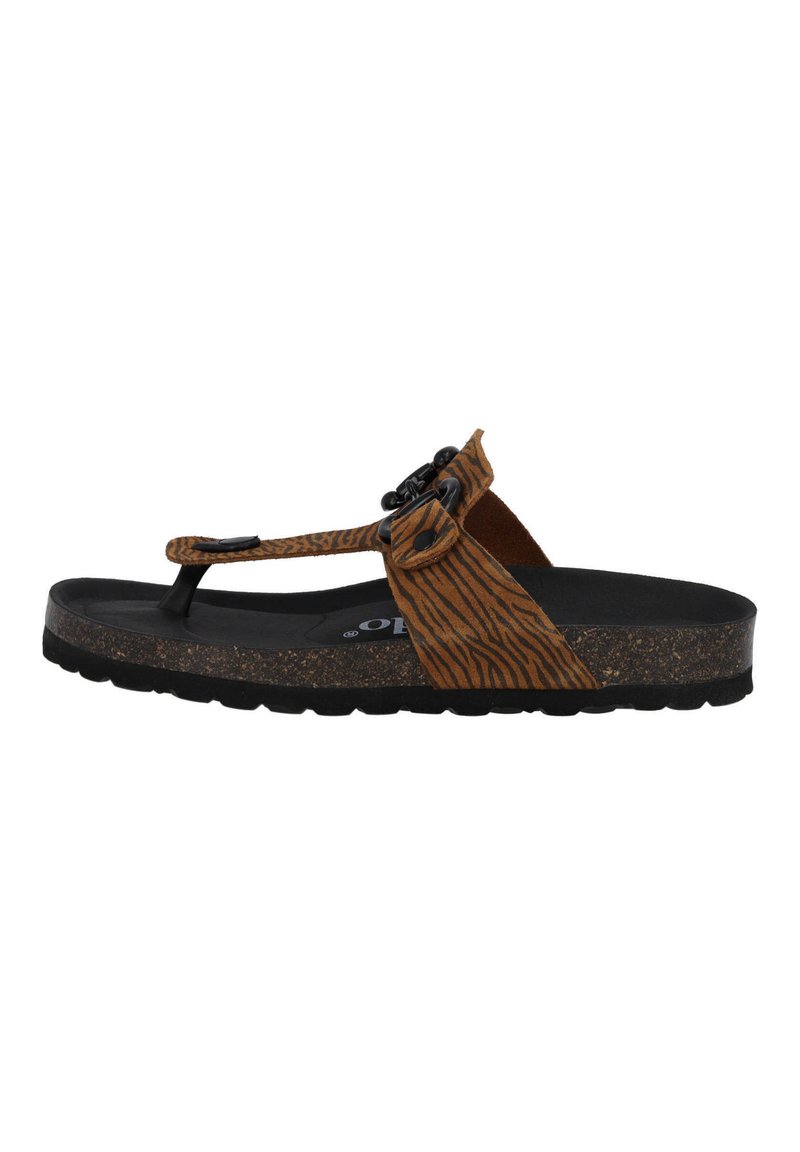 Brune mønstrede flip-flop sandaler med sort sål og korkbund. Har en tåpost og justerbart læderrem-detalje.