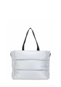 Sac fourre-tout matelassé gris avec poignées en cuir noir. Présente une forme rectangulaire et des surpiqûres horizontales discrètes sur l'extérieur.